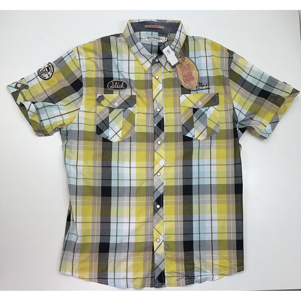 NWT $80‎ AKOO TRUST 2XL Mens Snap Front Plaid Short Sleeve Shop Shirt Patches